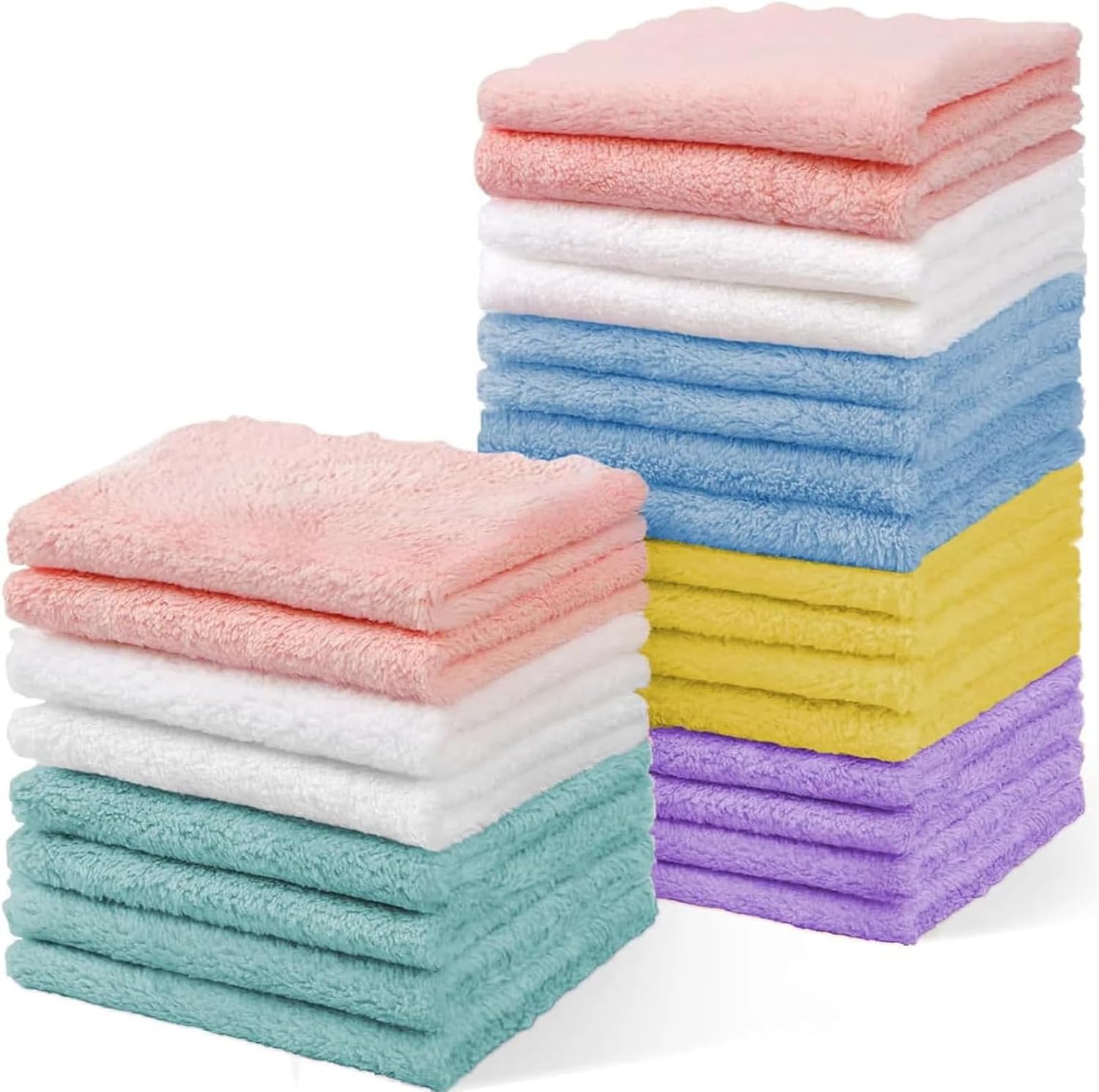 Puomue 24 pack multicolor microfiber coral fleece baby washcloths front view