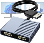 Aibilangose DisplayPort to dual HDMI adapter front view showcasing premium aluminum housing and dual output ports