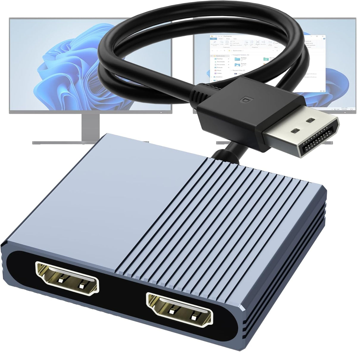 Aibilangose DisplayPort to dual HDMI adapter front view showcasing premium aluminum housing and dual output ports