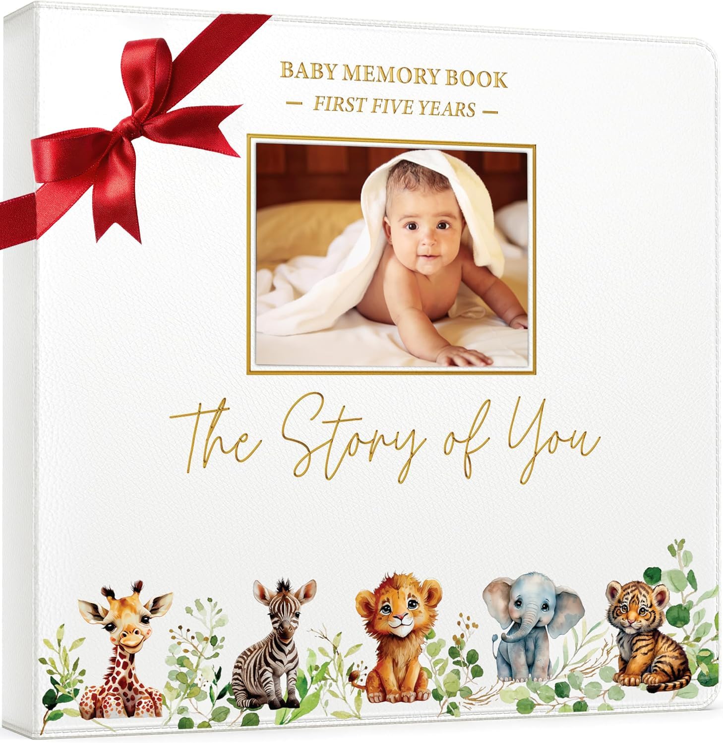 CV CHARVORIA baby book keepsake front view showing white faux leather cover with gold foil text