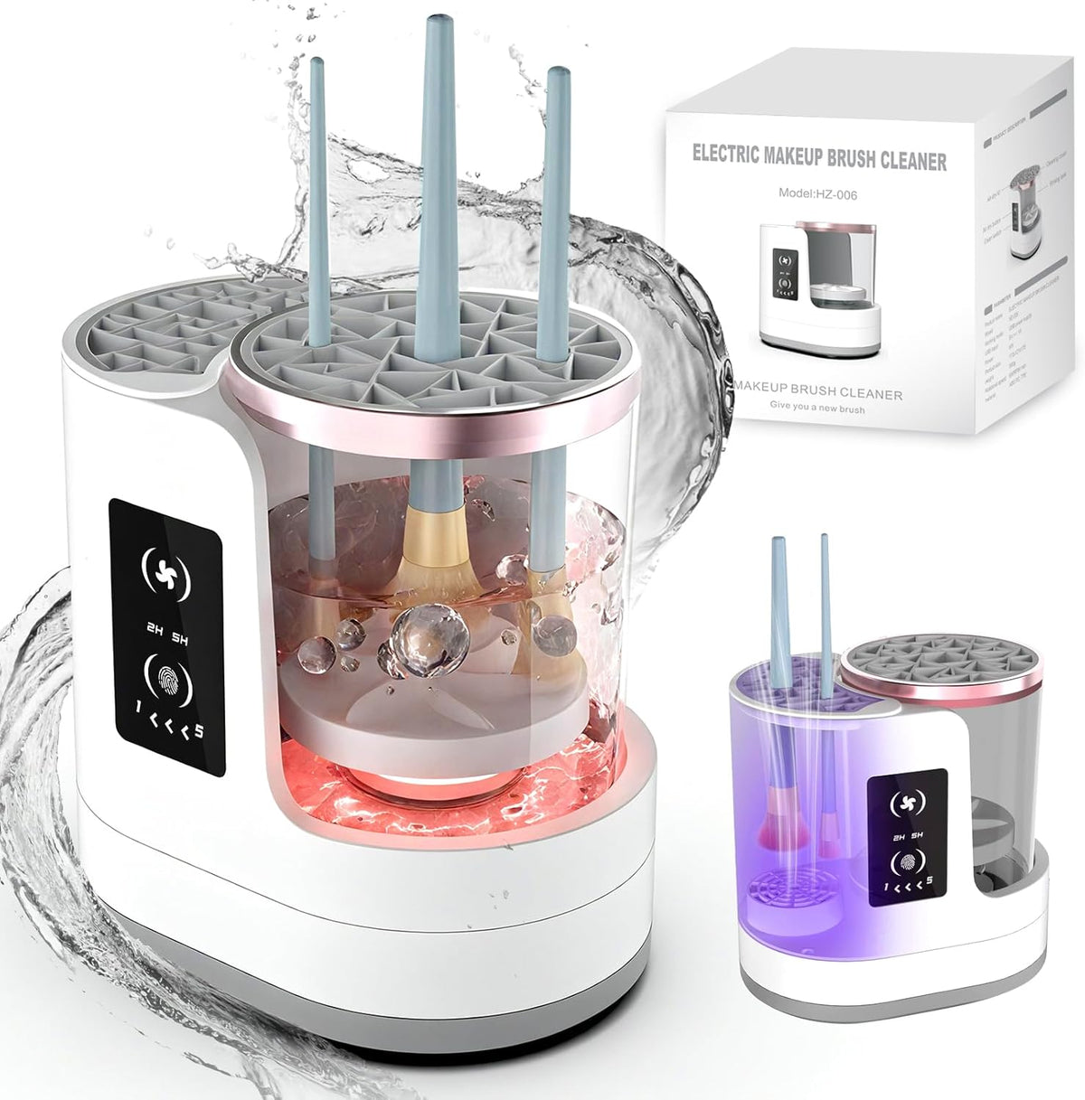 Phiorine 3-in-1 electric makeup brush cleaner machine front view showing white touch control interface