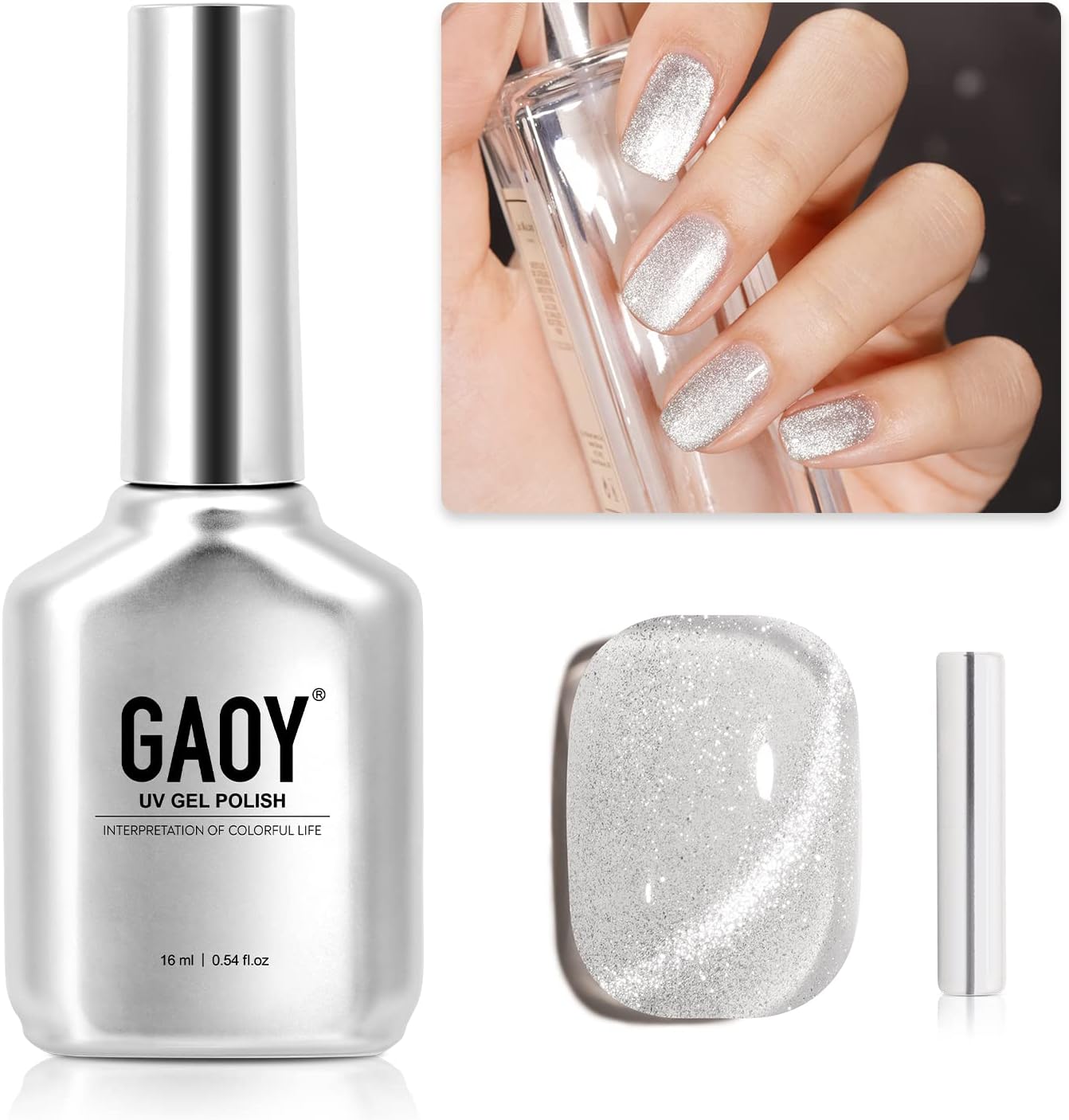 GAOY Cat Eye Gel Nail Polish, Glitter Holographic Nail Polish with Magnet, 16ml Reflective Translucent UV Gel for DIY at Home, 1138 Silver - Image 1