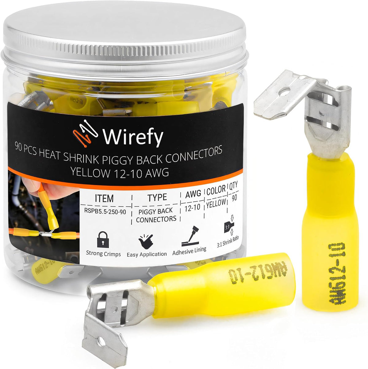 Wirefy 90 pieces heat shrink piggyback spade connectors front view