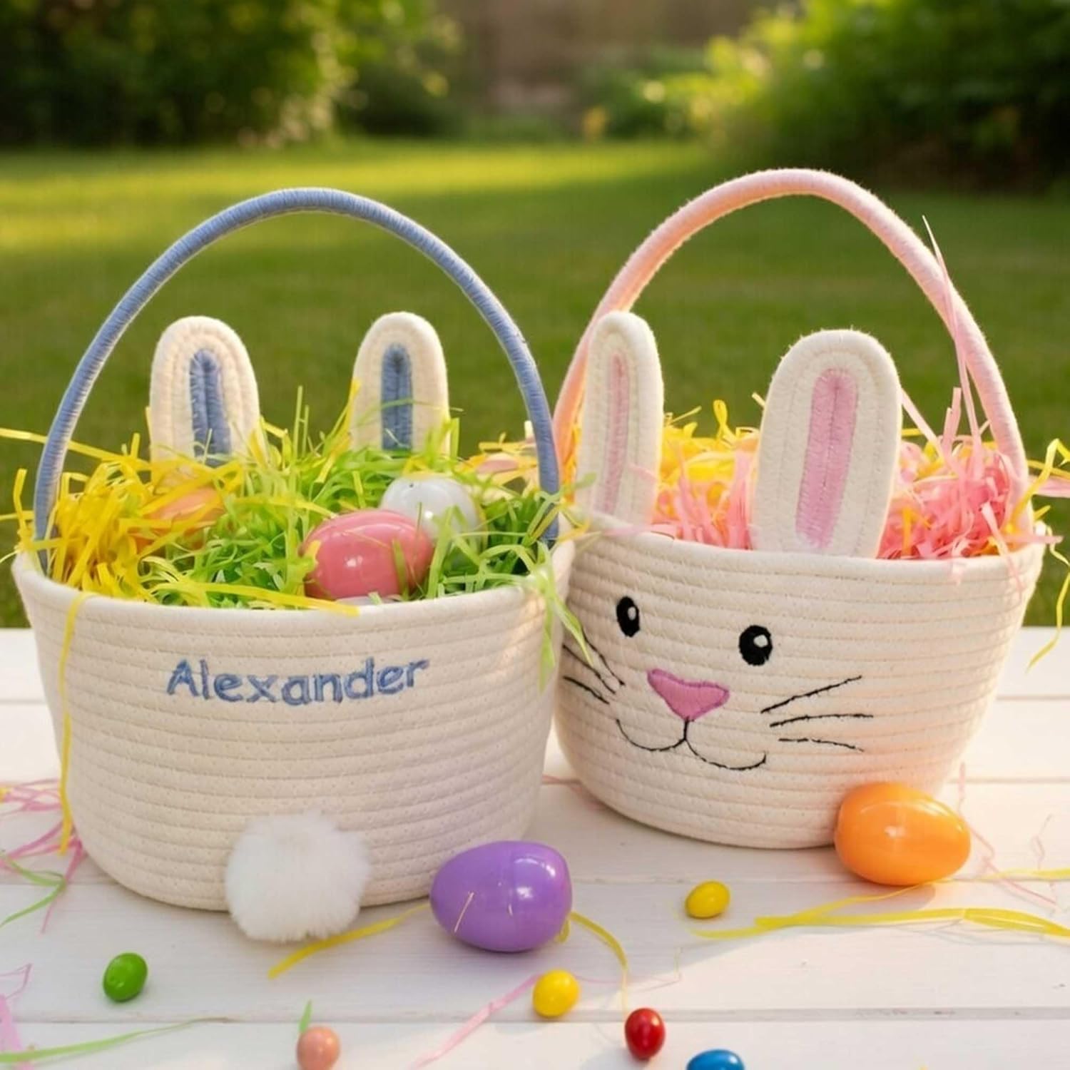 DIBSIES Personalized Easter Bunny Rope Basket Blue front view showing custom embroidered name and stitched rabbit face details.