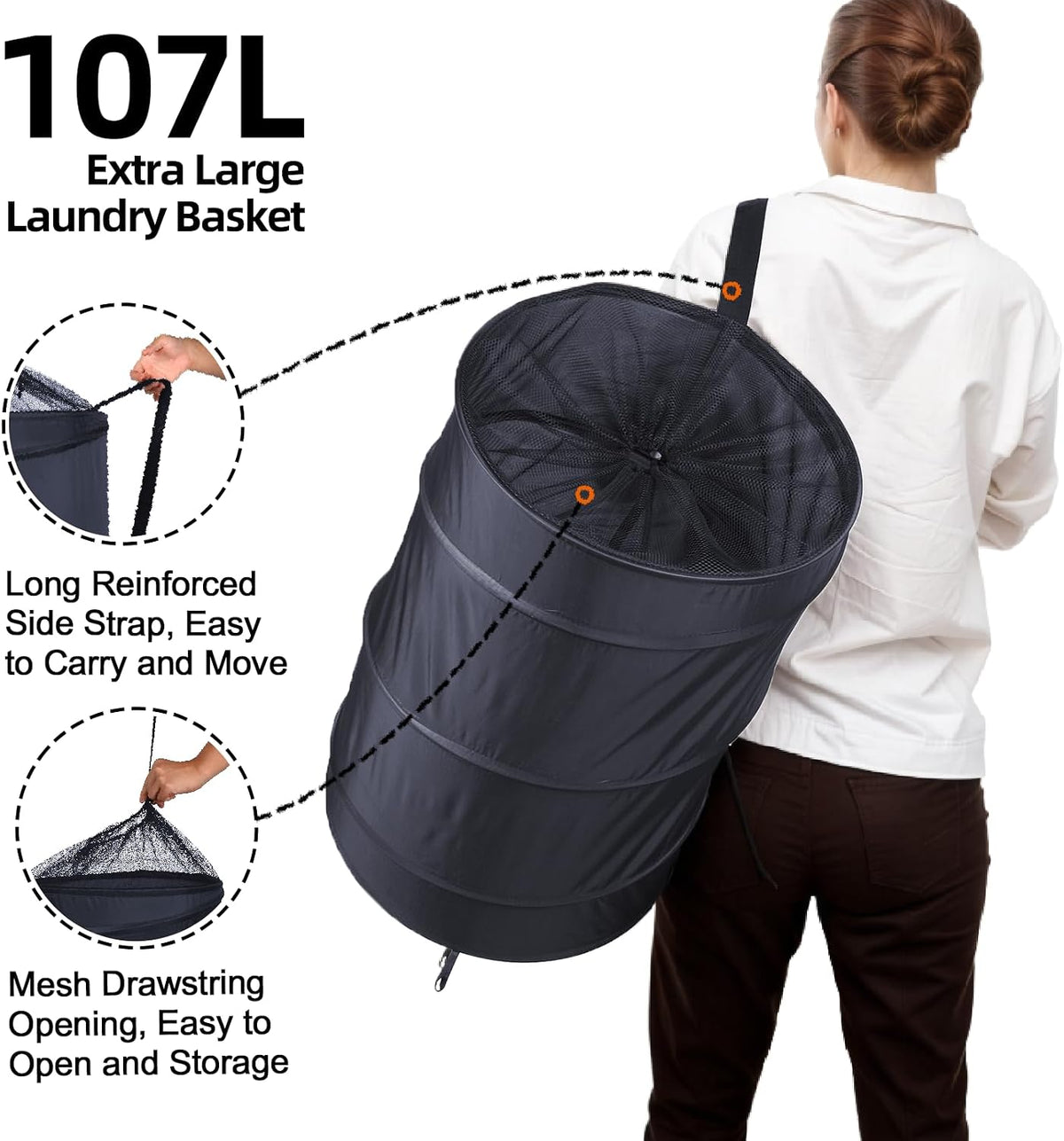Battoo foldable laundry basket displaying long shoulder carry straps