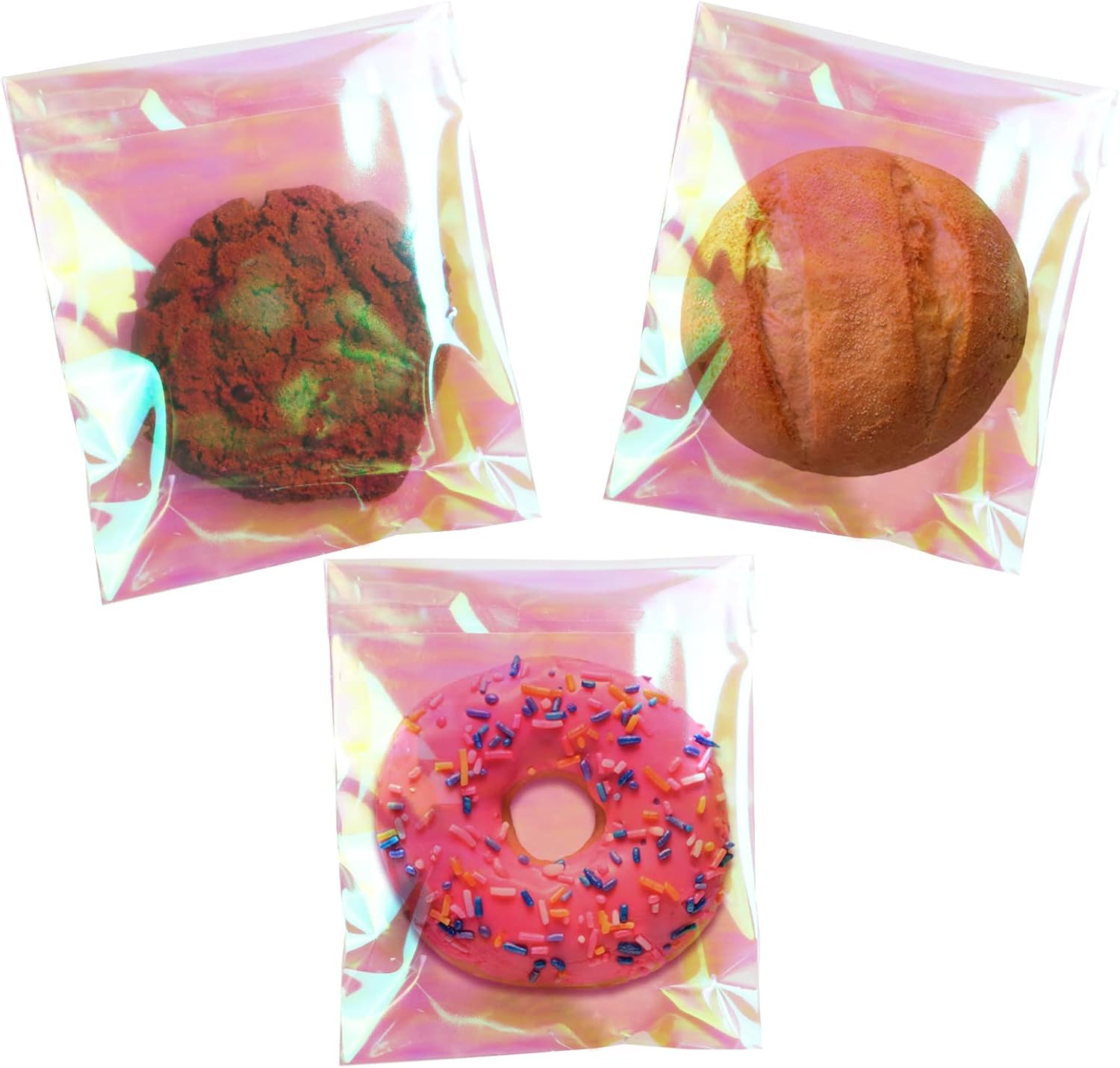 SUREHOME Iridescent Holographic Cookie Bags front view displaying red velvet treats packaged cleanly.