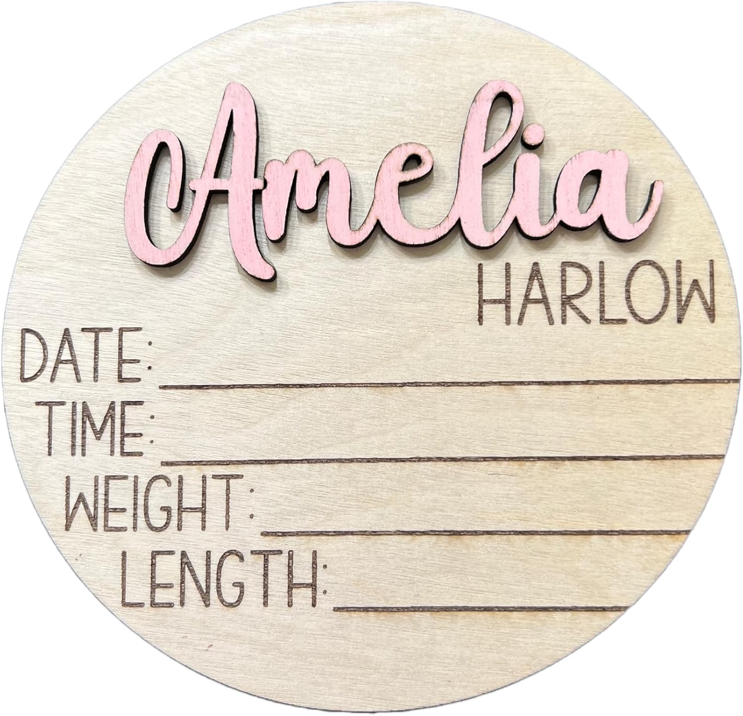 Handmade personalized 3D newborn baby name announcement sign front view showcasing custom pink lettering.