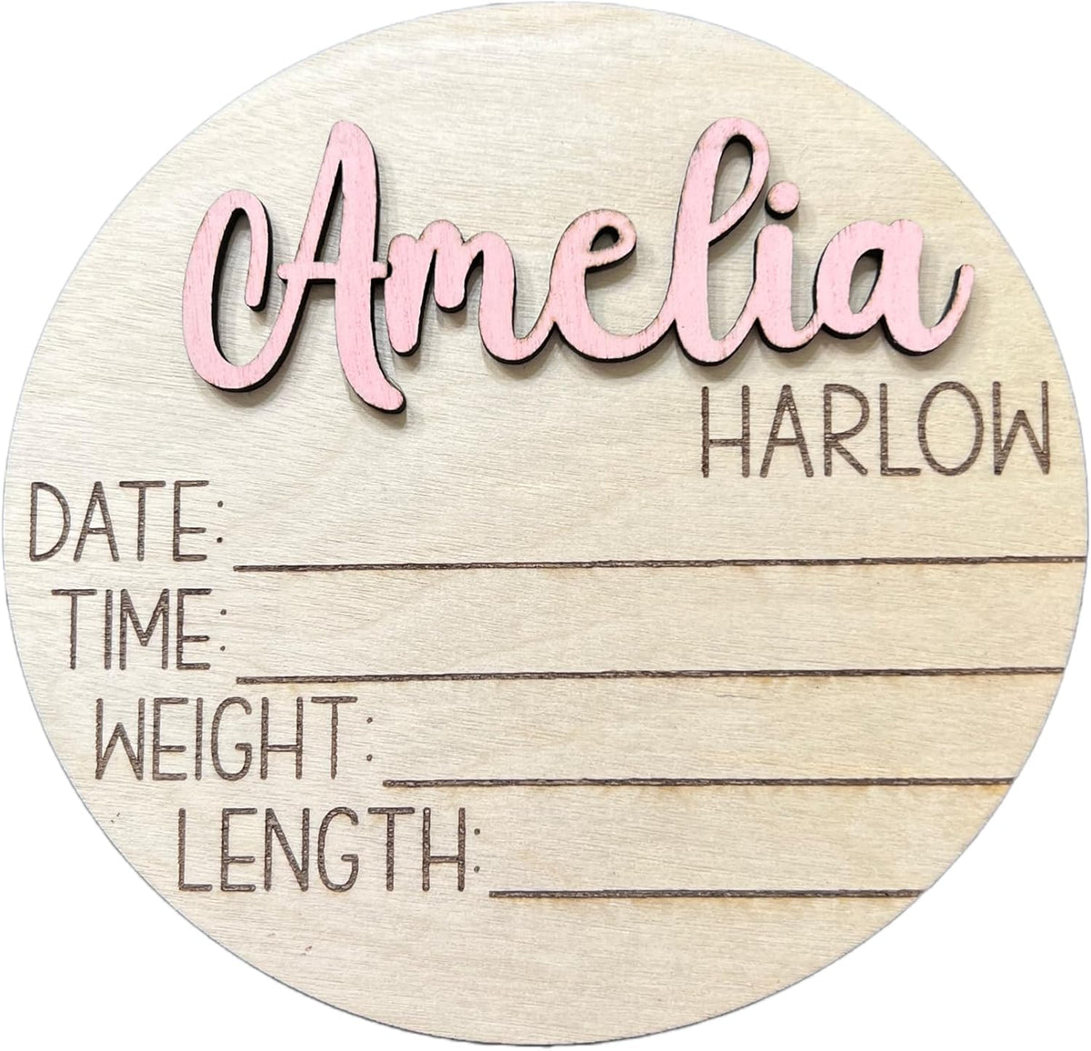 Handmade personalized 3D newborn baby name announcement sign front view showcasing custom pink lettering.