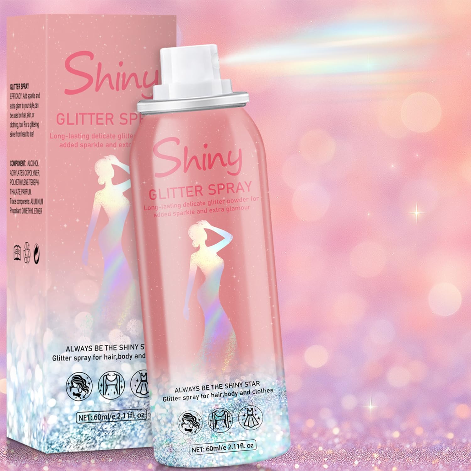 Holographic Body Glitter Spray - Silvery Shiny Shimmer for Hair, Face & Clothes | Quick-Drying, Long-Lasting Glitter Hairspray Temporary Shiny Mist for Festival, Rave, Music Concert, Prom Accessories - Image 1