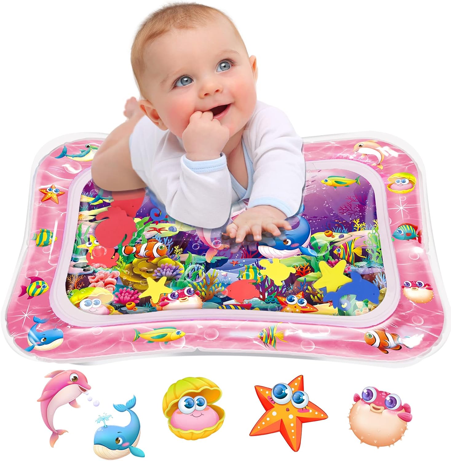 Infinno tummy time water mat front view showing pink border and colorful sea life graphics
