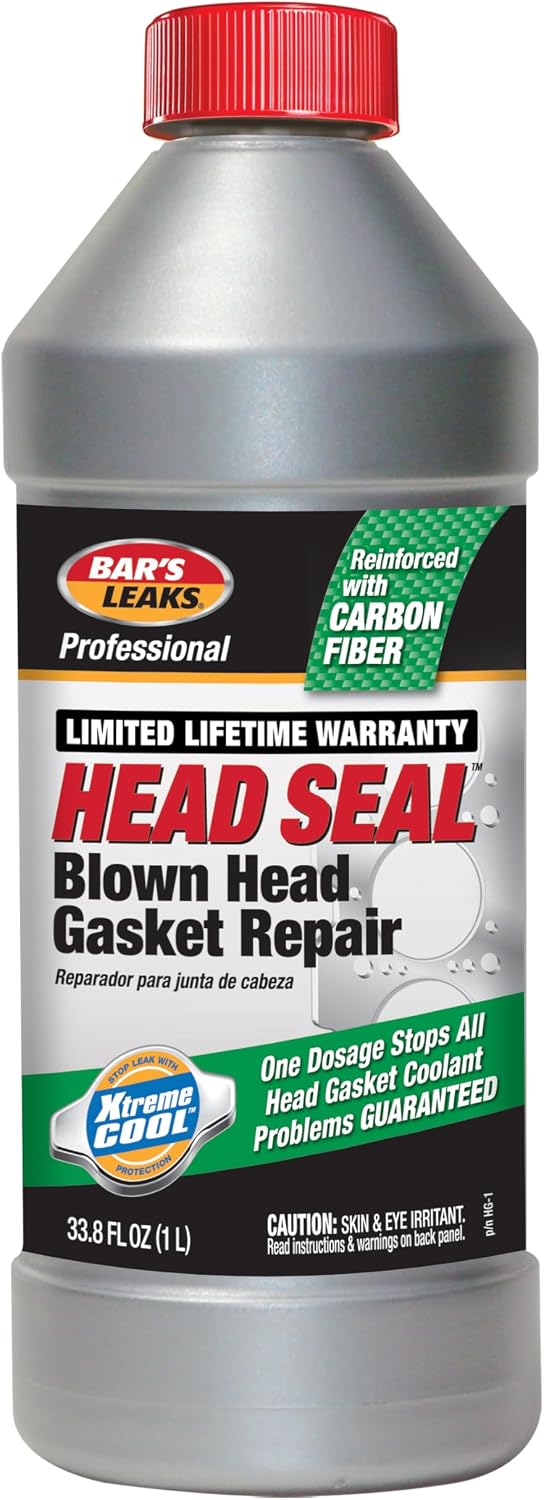 Bar's Leaks HG-1 head gasket sealant grey bottle showing carbon fiber formula details