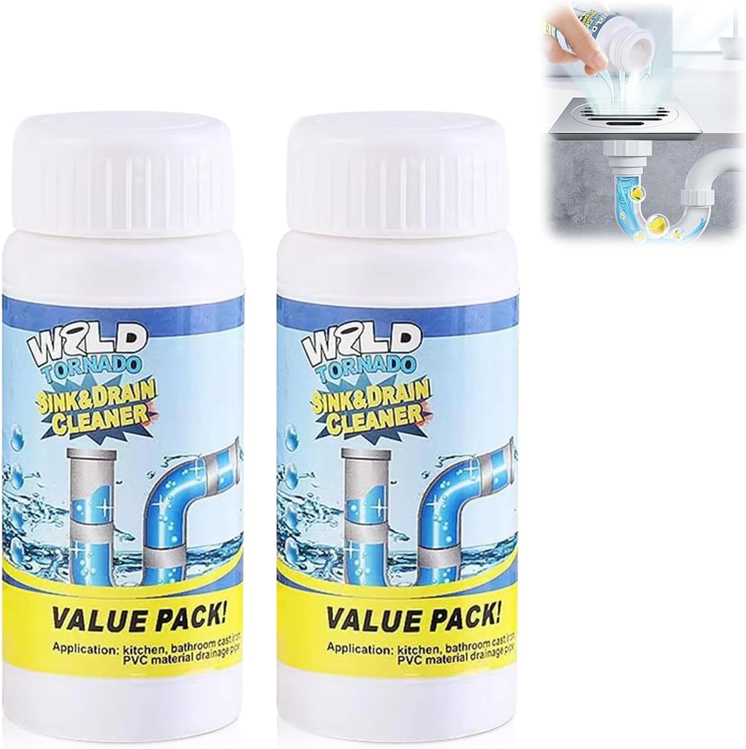 Wild Tornado Sink and Drain Cleaner Powder 2 bottles front view powerful clog remover