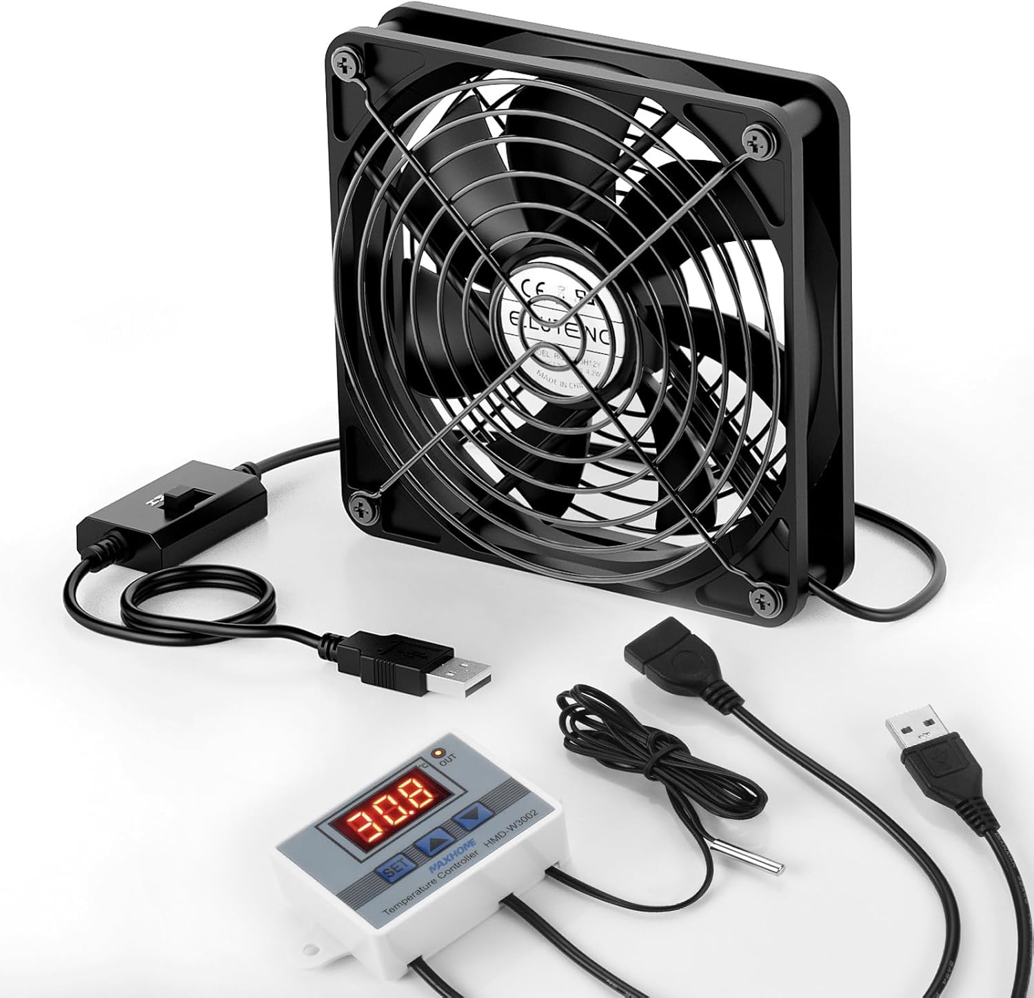 ELUTENG USB Fan 120mm front view displaying the protective metal grill and digital temperature controller screen.