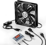 ELUTENG USB Fan 120mm front view displaying the protective metal grill and digital temperature controller screen.