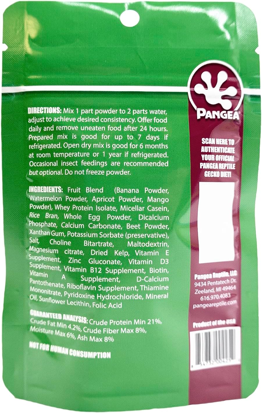Premium powdered reptile food for crested geckos close up view