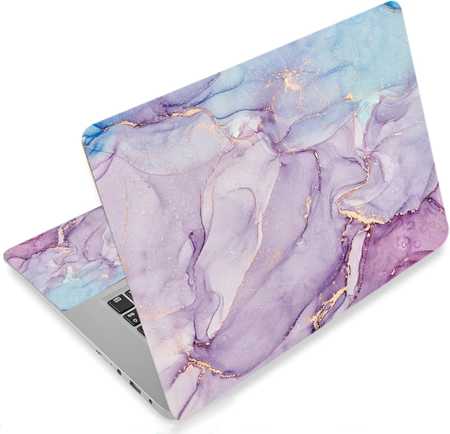 Newplenty universal vinyl laptop skin sticker decal applied on a closed laptop lid showing purple marble design