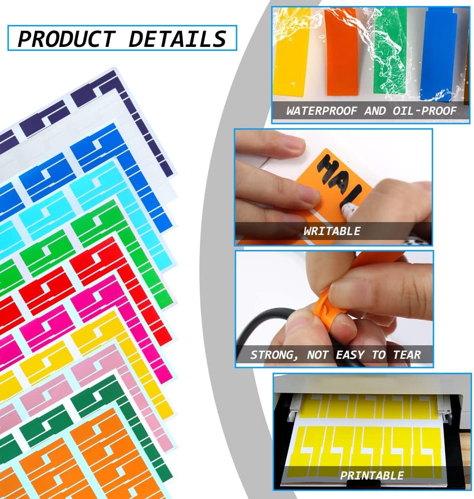 11 Colors Waterproof Wire Labels, 11 Sheet 330Pcs Writable Cord Labels, Self Adhesive Cable Tags for Wire Management, Cable Name Tags for Electronics Laser Printer Computer Cord - Image 3