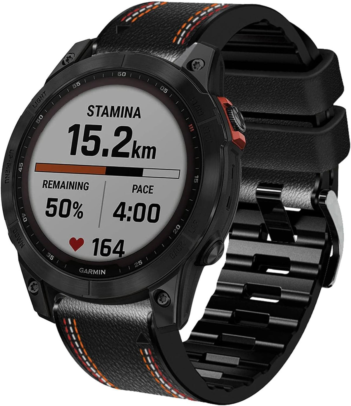 Close-up of contrast stitching on Abanen Garmin watch strap exterior