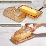 Mamalucky BPA free glass butter tray with rounded knob lid closeup