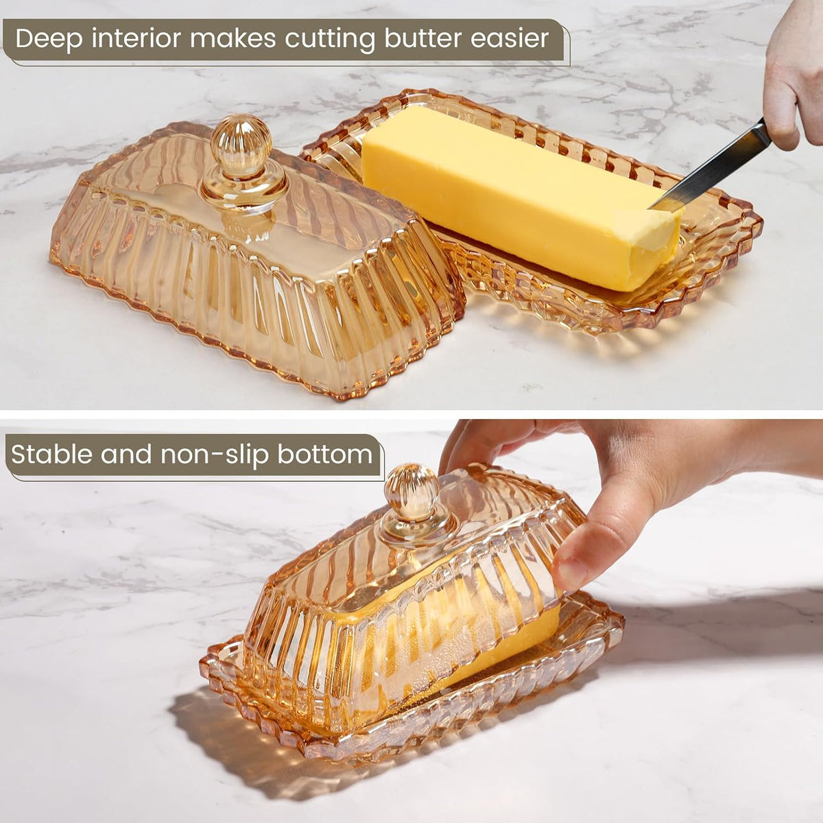 Mamalucky BPA free glass butter tray with rounded knob lid closeup
