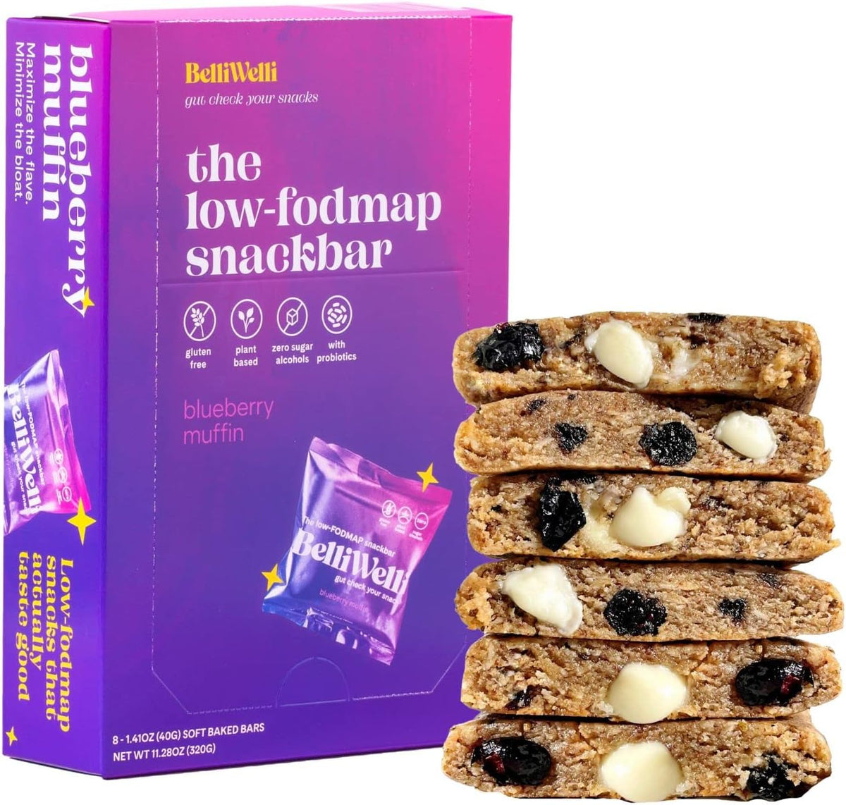 BelliWelli Blueberry Muffin Soft Baked Probiotic Snack Bar 8 Pack front packaging overview.