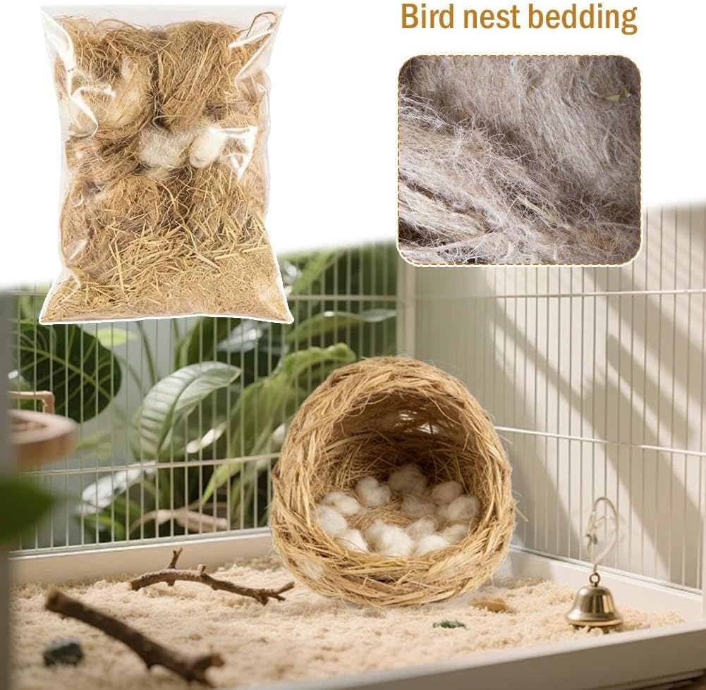 Close up of natural wool and flax bird nesting fibers