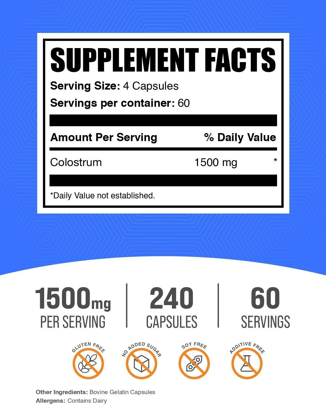 BulkSupplements 240 count colostrum capsules bottle side profile