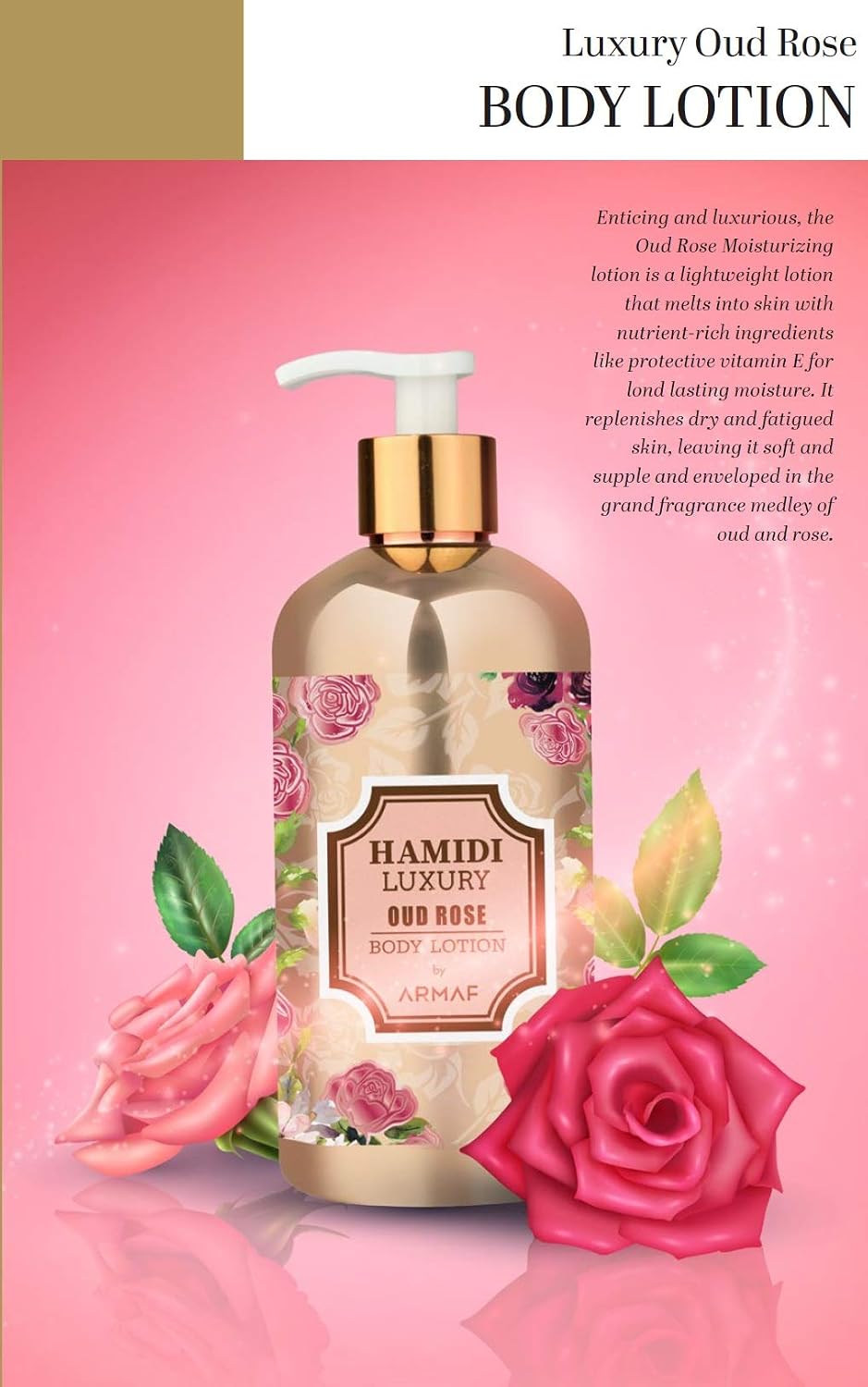 Hamidi Luxury Oud Rose Body Lotion back view ingredients and details