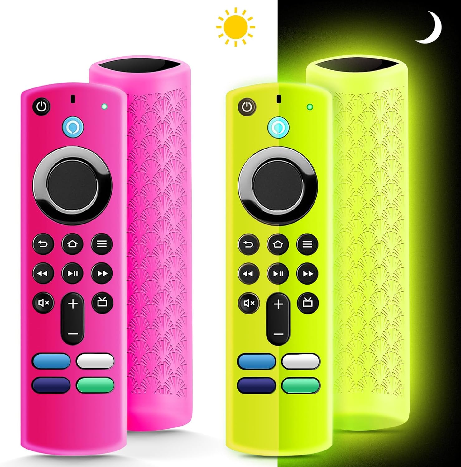 OneBom Fire Stick remote cover front view showing glow yellow and rose red silicone cases
