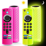 OneBom Fire Stick remote cover front view showing glow yellow and rose red silicone cases
