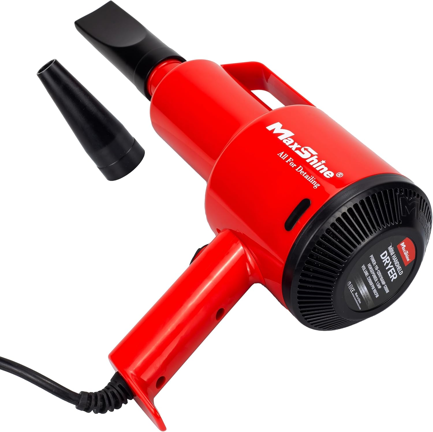 Maxshine Portable Car Dryer Air Blower front view showcasing compact red housing and nozzle attachment for automotive detailing