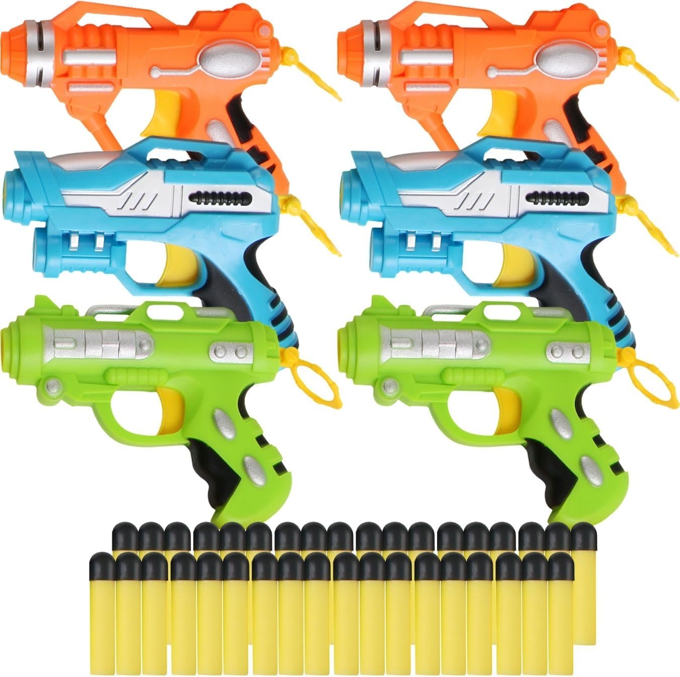 Liberty Imports mini foam dart blasters 6 pack front view arranged in premium party favor packaging