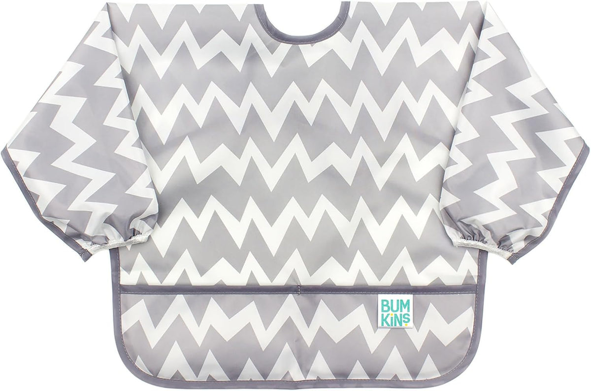 Bumkins Sleeved Bib for Girl or Boy, Baby and Toddler for 6-24 Mos, Essential Must Have for Eating, Feeding, Baby Led Weaning Supplies, Long Sleeve Mess Saving Food Catcher, Soft Fabric, Gray Chevron - Image 1