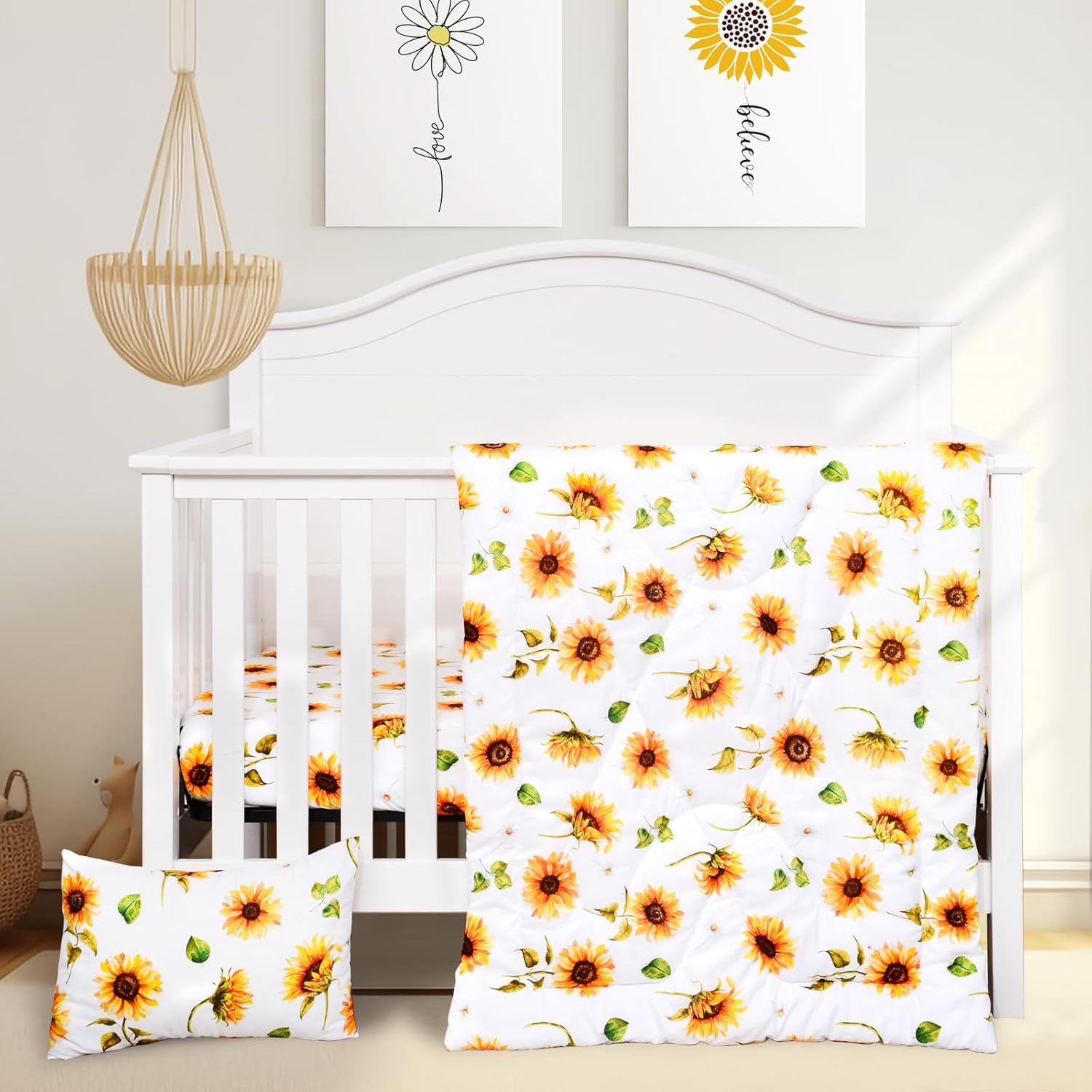 JISEN 3 piece baby crib bedding set for girls front view featuring yellow sunflower comforter