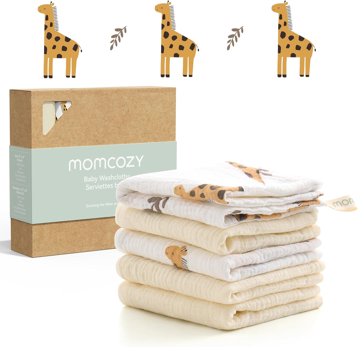 Momcozy Baby Washcloths - 4 Layer Design| Medium Thickness| Soft & Absorbent| Premium Cotton for Newborns'Skin-Great for Bathing, Wiping & on-The-go Use, Shower Gift and Essential(5 Pack, 10x10 inch) - Image 1