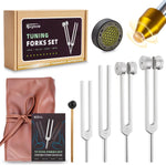 Hugbow Tuning Forks for Healing Set front view including four aluminum alloy forks and accessories