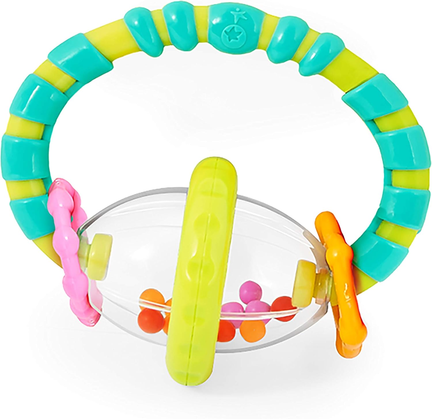 Bright Starts Grab and Spin Baby Rattle front view showing the clear central bead chamber and green textured handle.