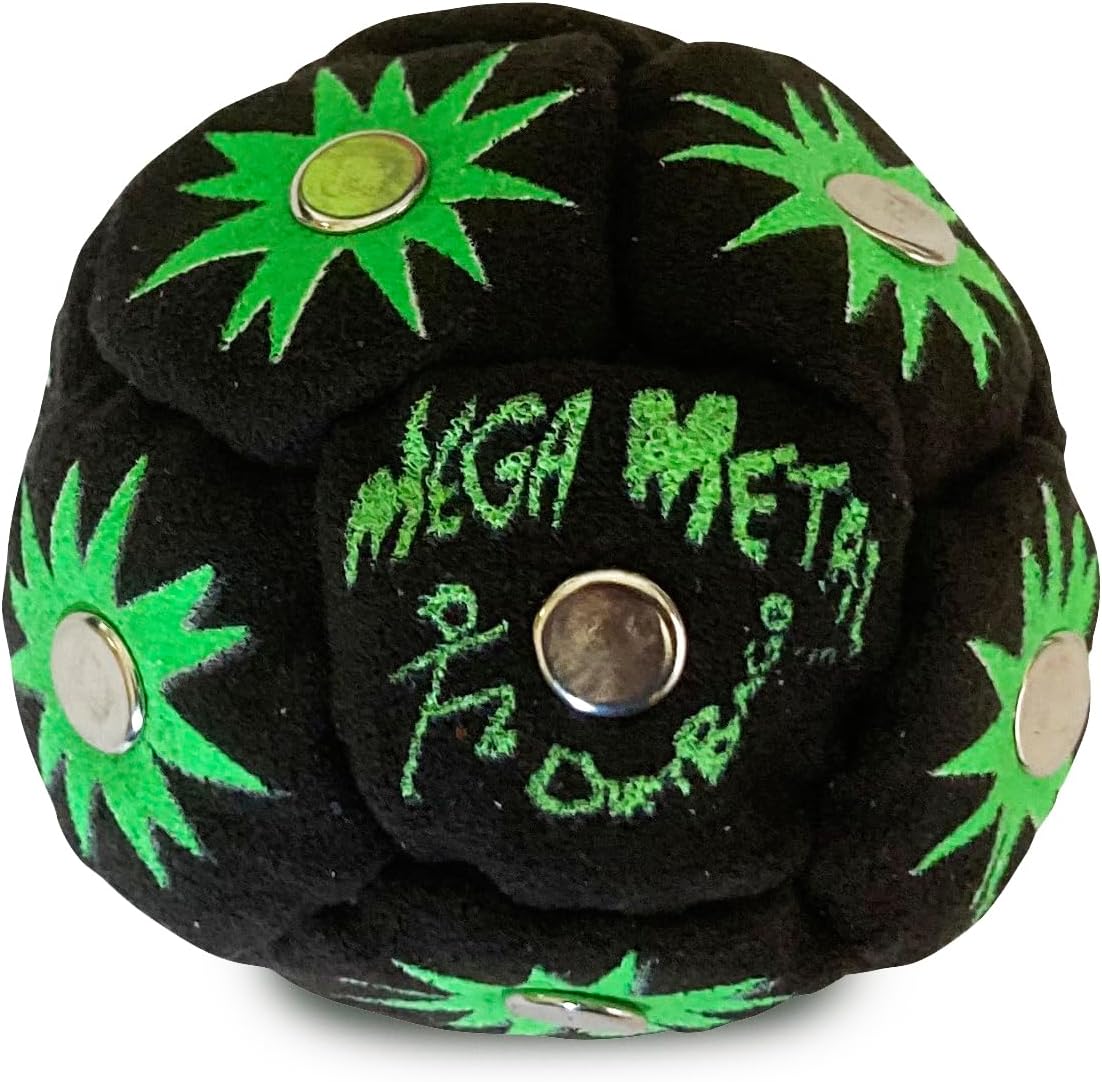 World Footbag Dirtbag Mega Metal Hacky Sack hand sewn twelve panel professional freestyle footbag front view.