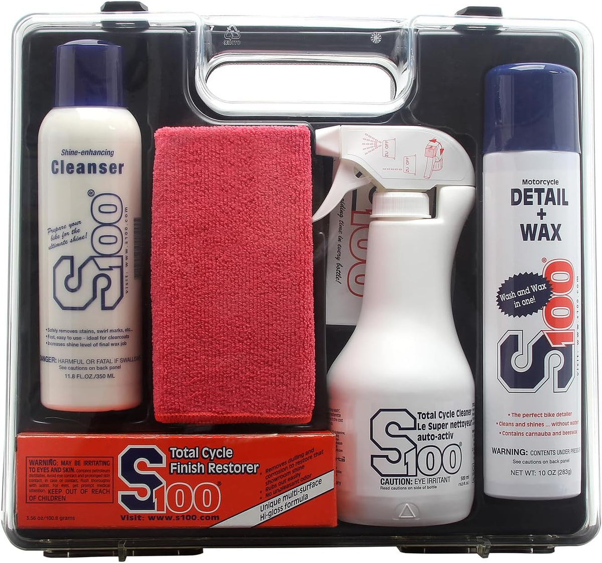 S S100 12000C Motorcycle Detailing Kit front view showing storage case and bottles