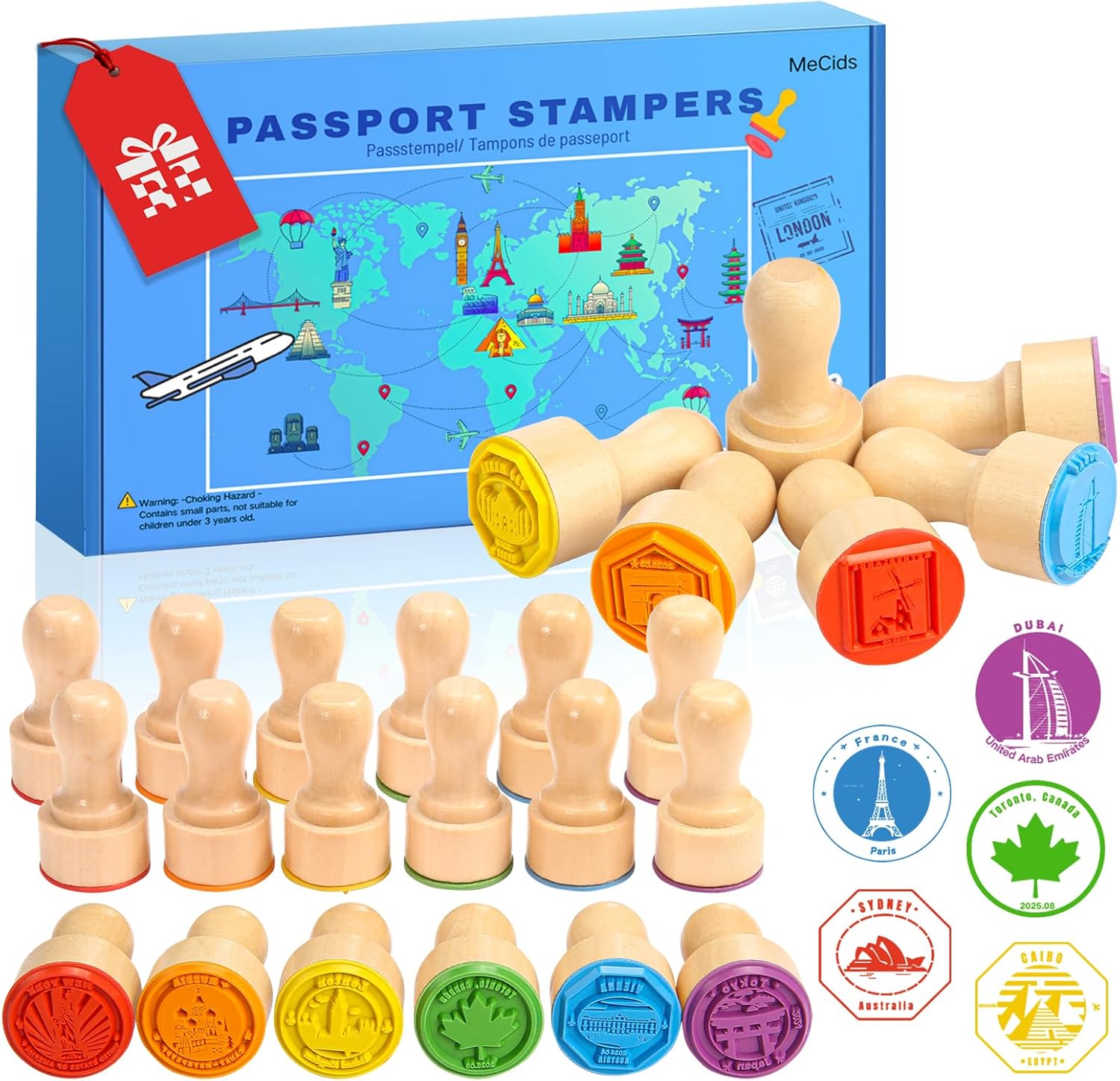 MeCids passport stamps for kids wooden set front view showing twenty four international landmark designs for educational learning.