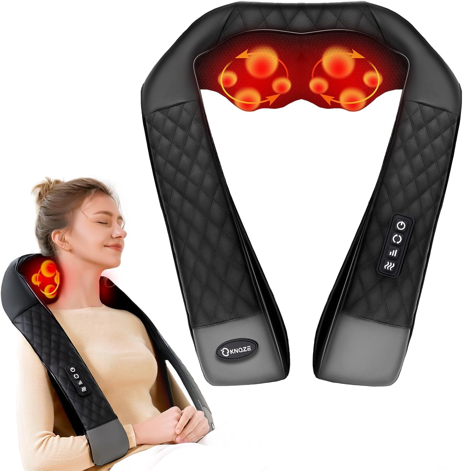 KNQZE Shiatsu Neck and Back Massager front view with heat therapy