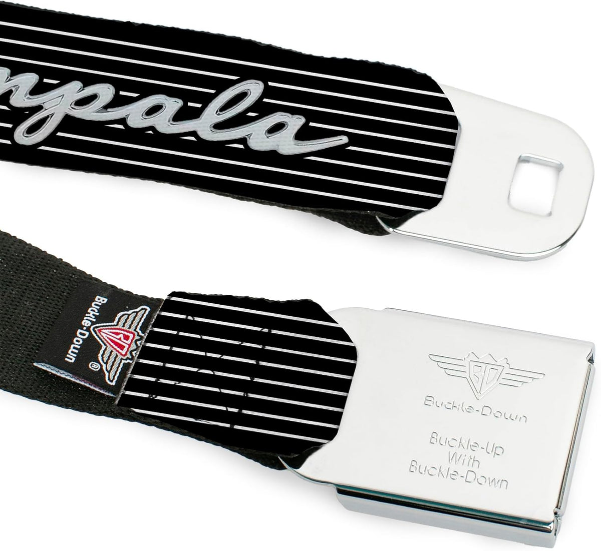 Buckle-Down Standard Seatbelt Belt Impala XL, Multicolor, 1.5" Wide-Fits Pant Size 32-52 | 1962 Impala Script Emblem Stripe Black White Silver Durable Metal Push Button Release Adjustable Fashion - Image 9