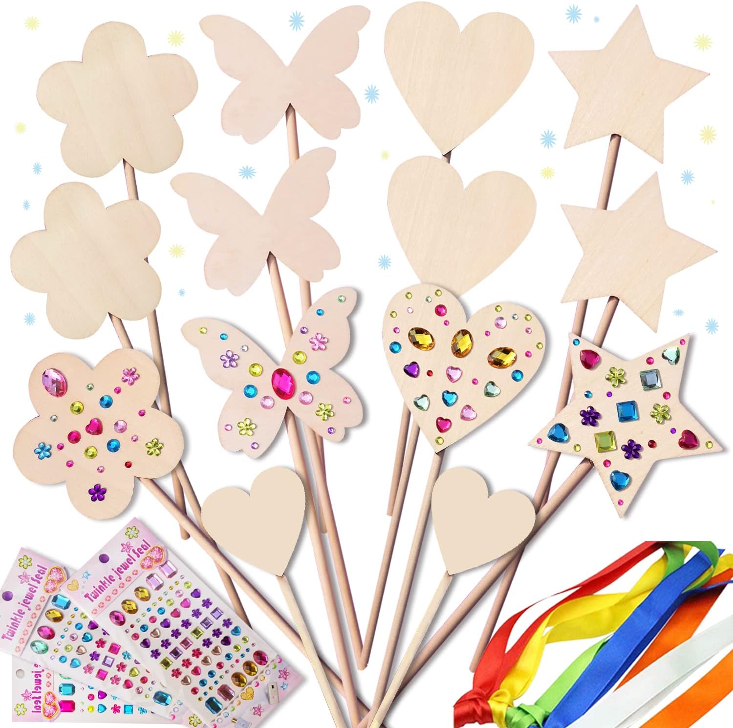 Wubomjio Princess Fairy Wands Craft Kit front view showing wooden shapes and accessories