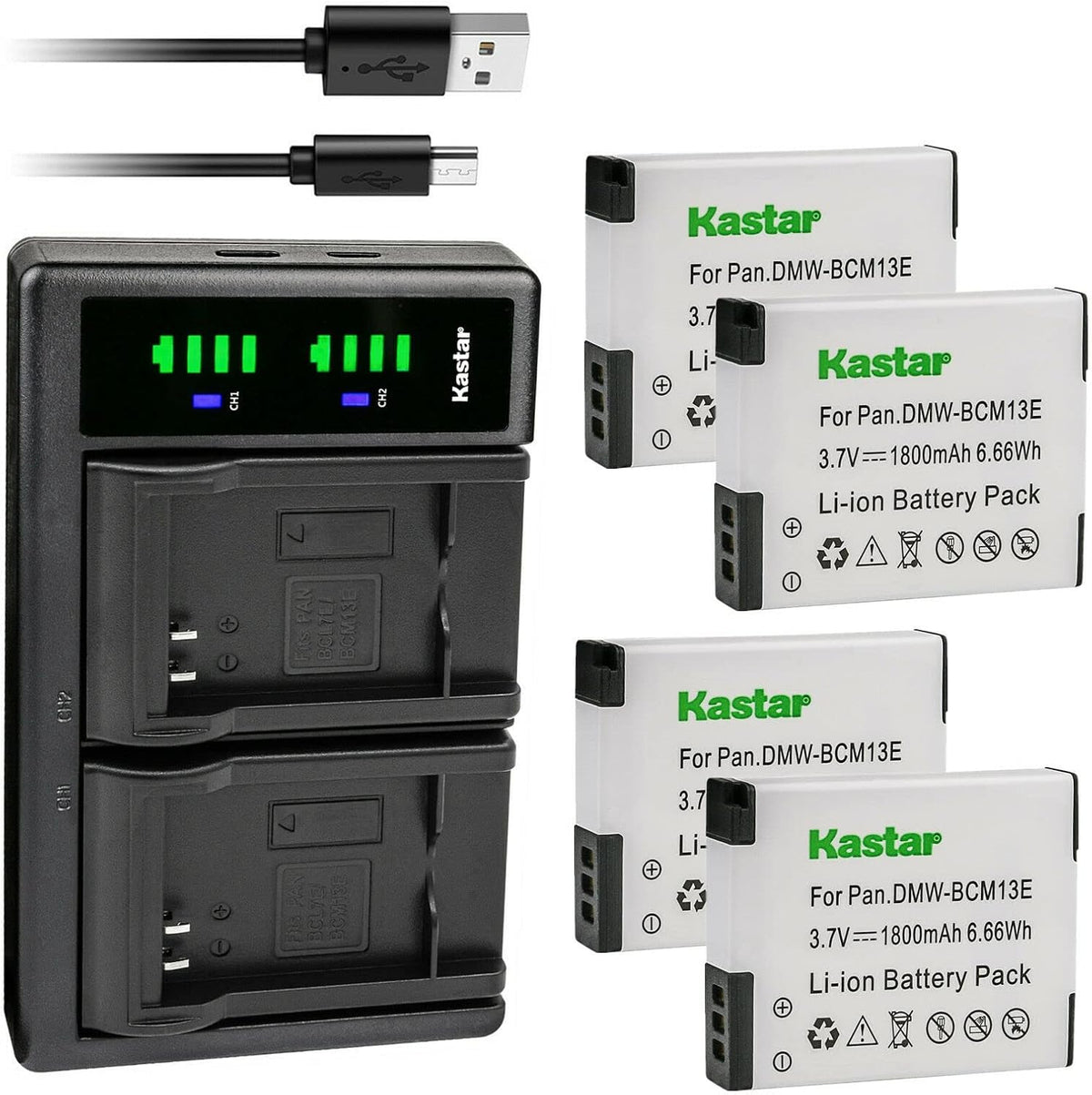 Complete Kastar 2-pack battery and charger set with included USB cable