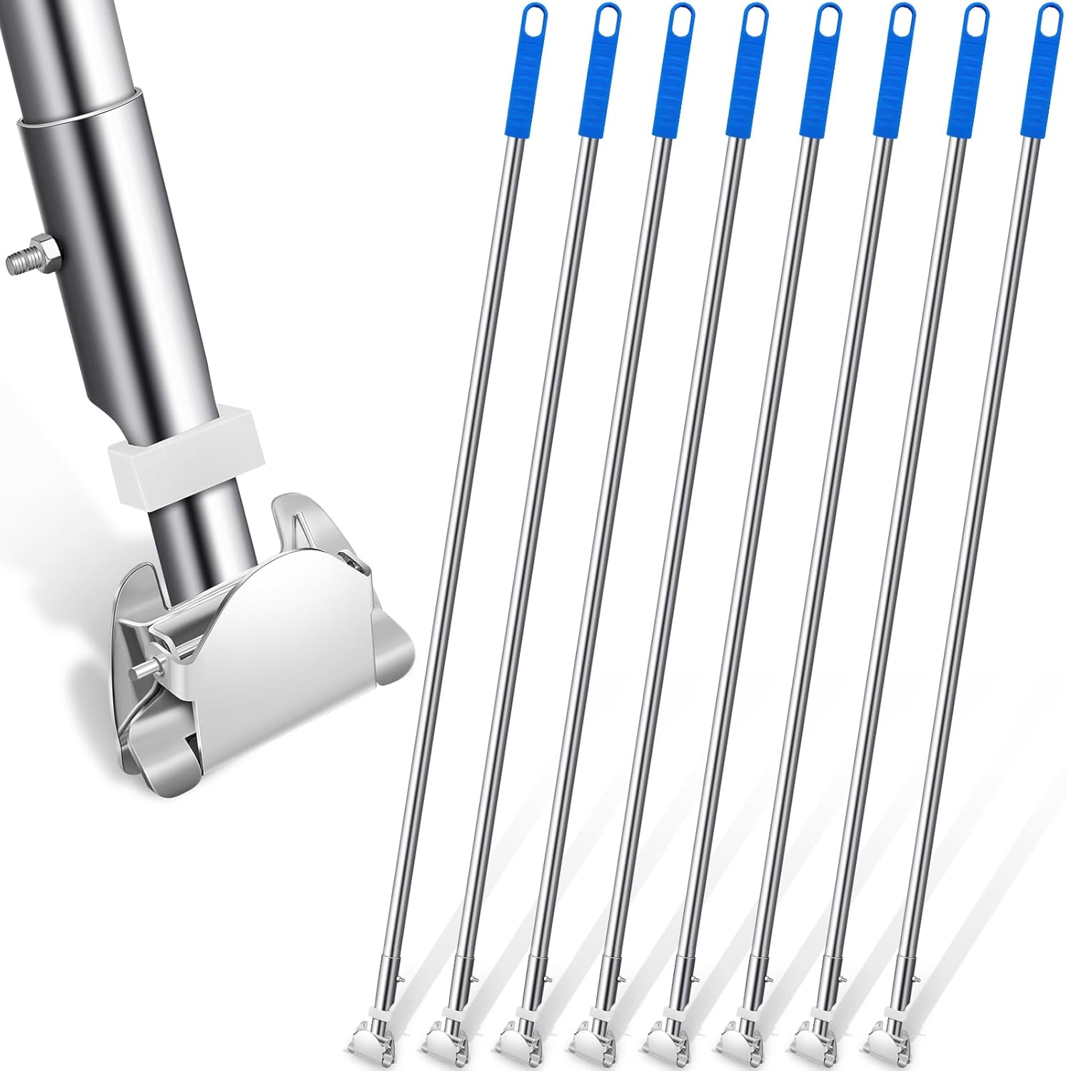 Suclain stainless steel clip on dust mop handle front view showcasing the silver rod and blue hanging loop