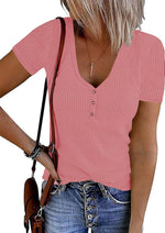 MEROKEETY Womens 2026 Summer Short Sleeve Tops Casual T Shirts | V Neck, Ribbed Knit, Henley, Button Down, Trendy Fashion Basic Tee Shirts Blouses, Going Out Outfits Clothes - Image 10