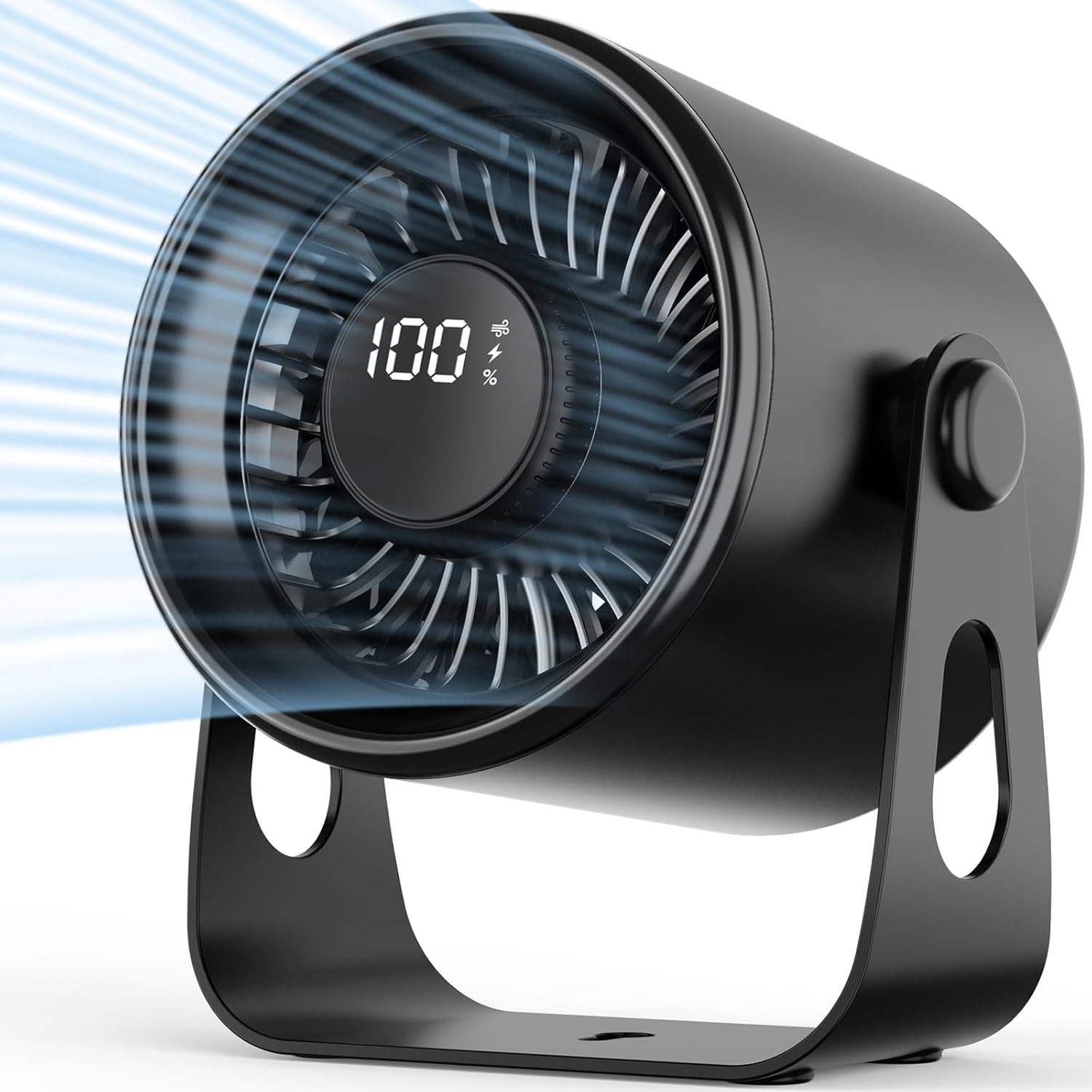 Biswitif quiet small desk fan front view showing the digital battery display dashboard on a modern office desk.