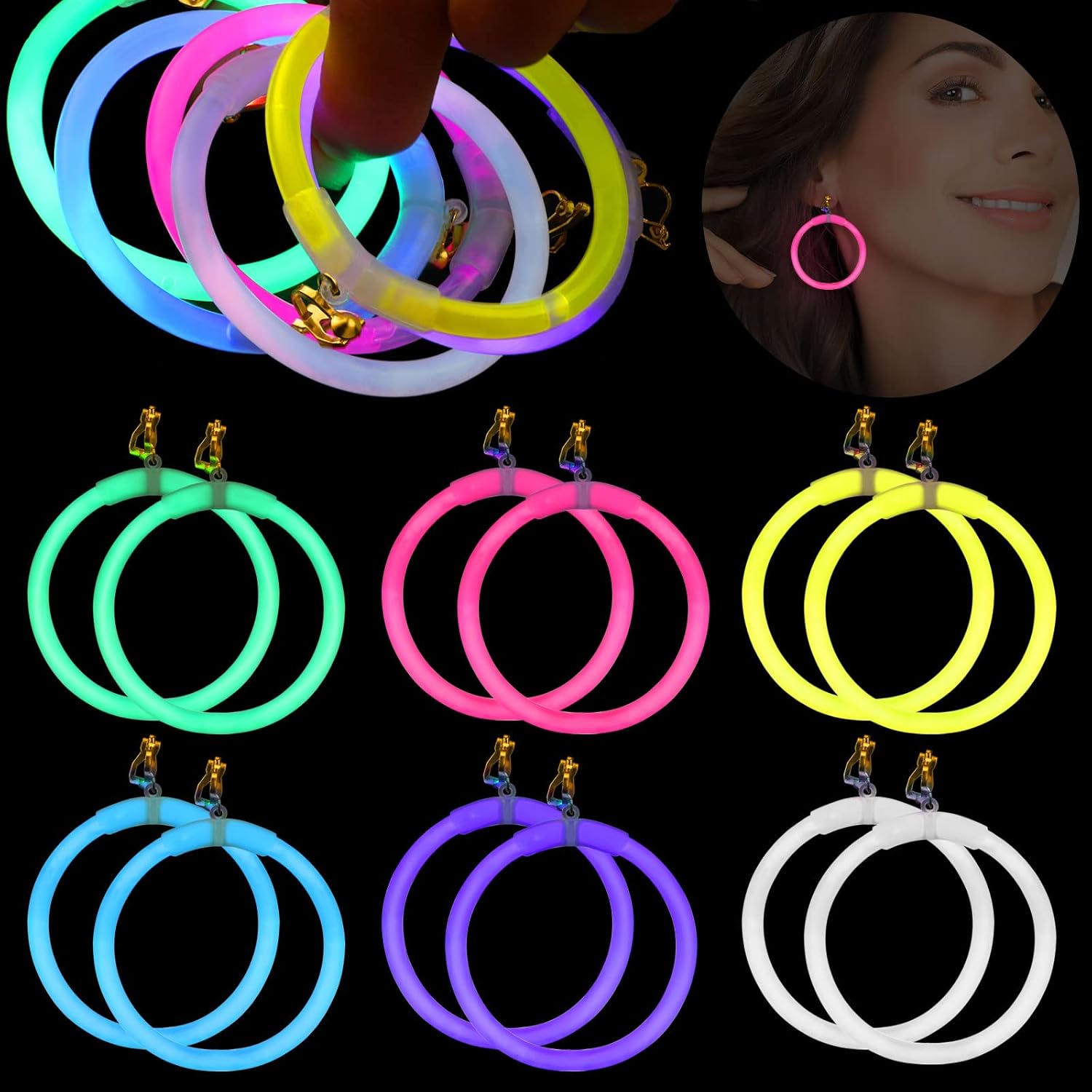 Cunno 18 pairs glow hoop earrings front view for parties