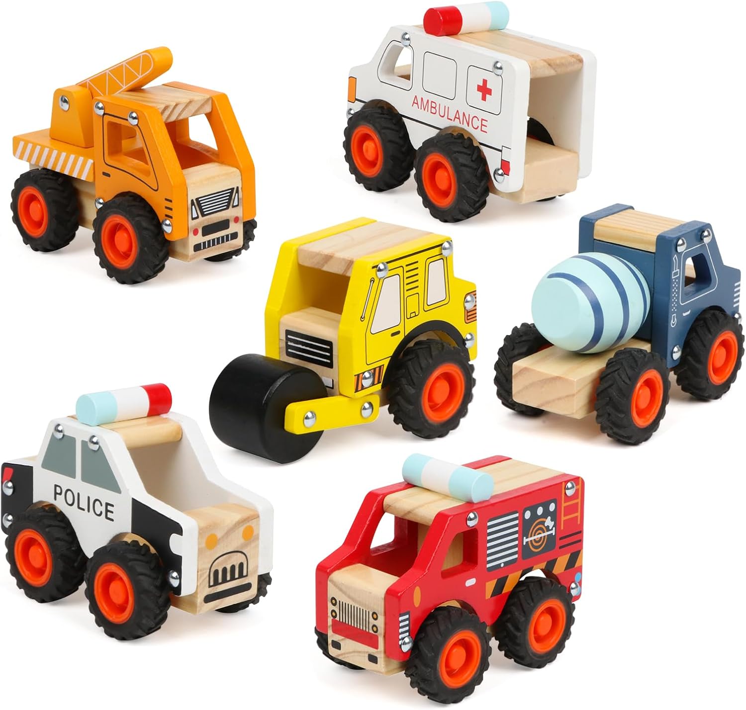 Dipalent 6 piece wooden cars for toddlers front view showcasing the complete set of emergency and construction vehicles.