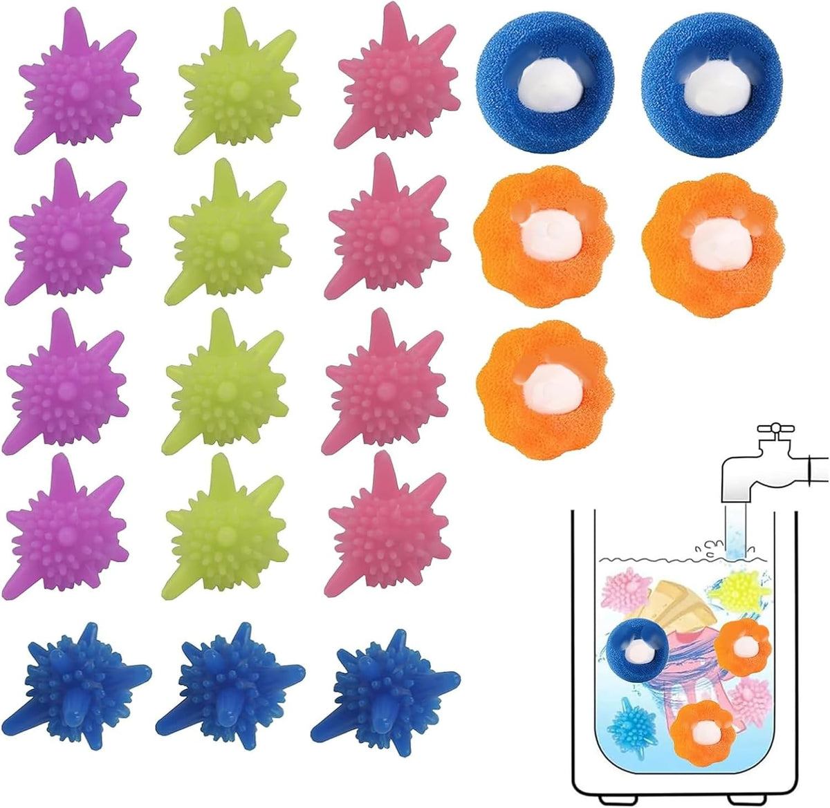 Peixiong reusable washer balls front view showcasing colorful solid scrubbing spheres
